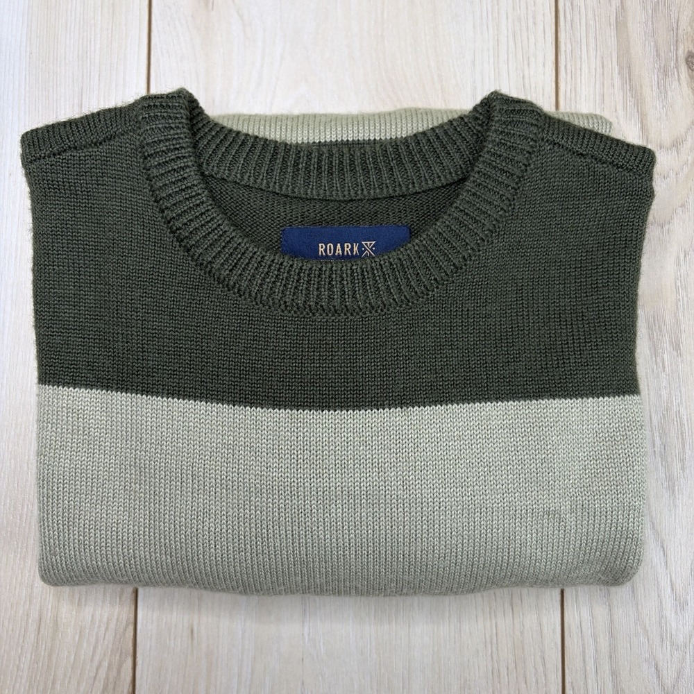 Roark Men's Medium Olive Green Striped Crewneck Sweater Wool Blend Scholar Style